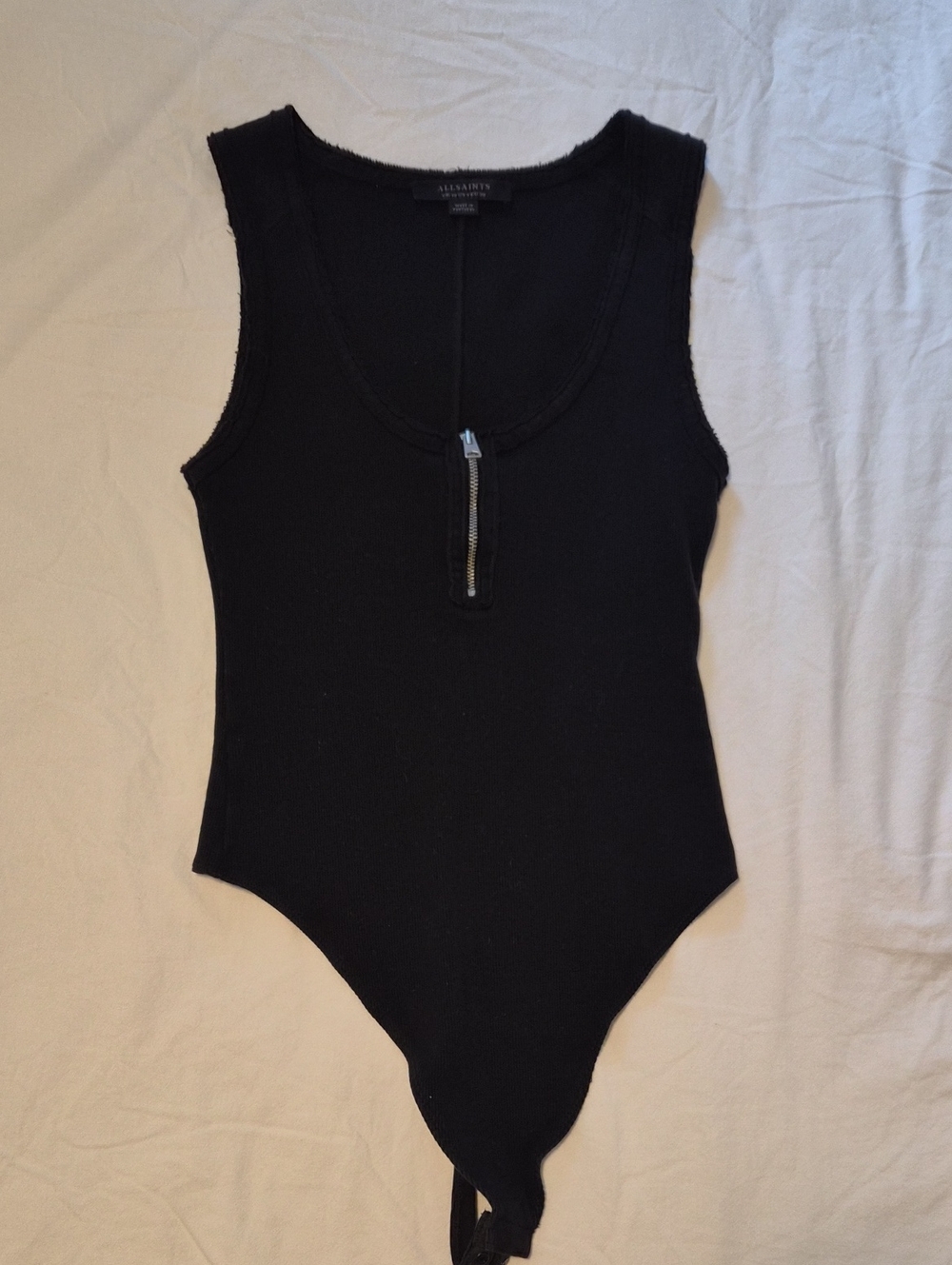 All Saints Black Ribbed Zip-Front Tank Bodysuit